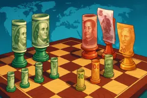 Global currency chessboard with dollar and BRICS nations' currencies