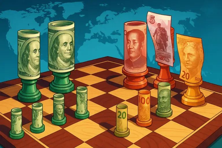 Global currency chessboard with dollar and BRICS nations' currencies